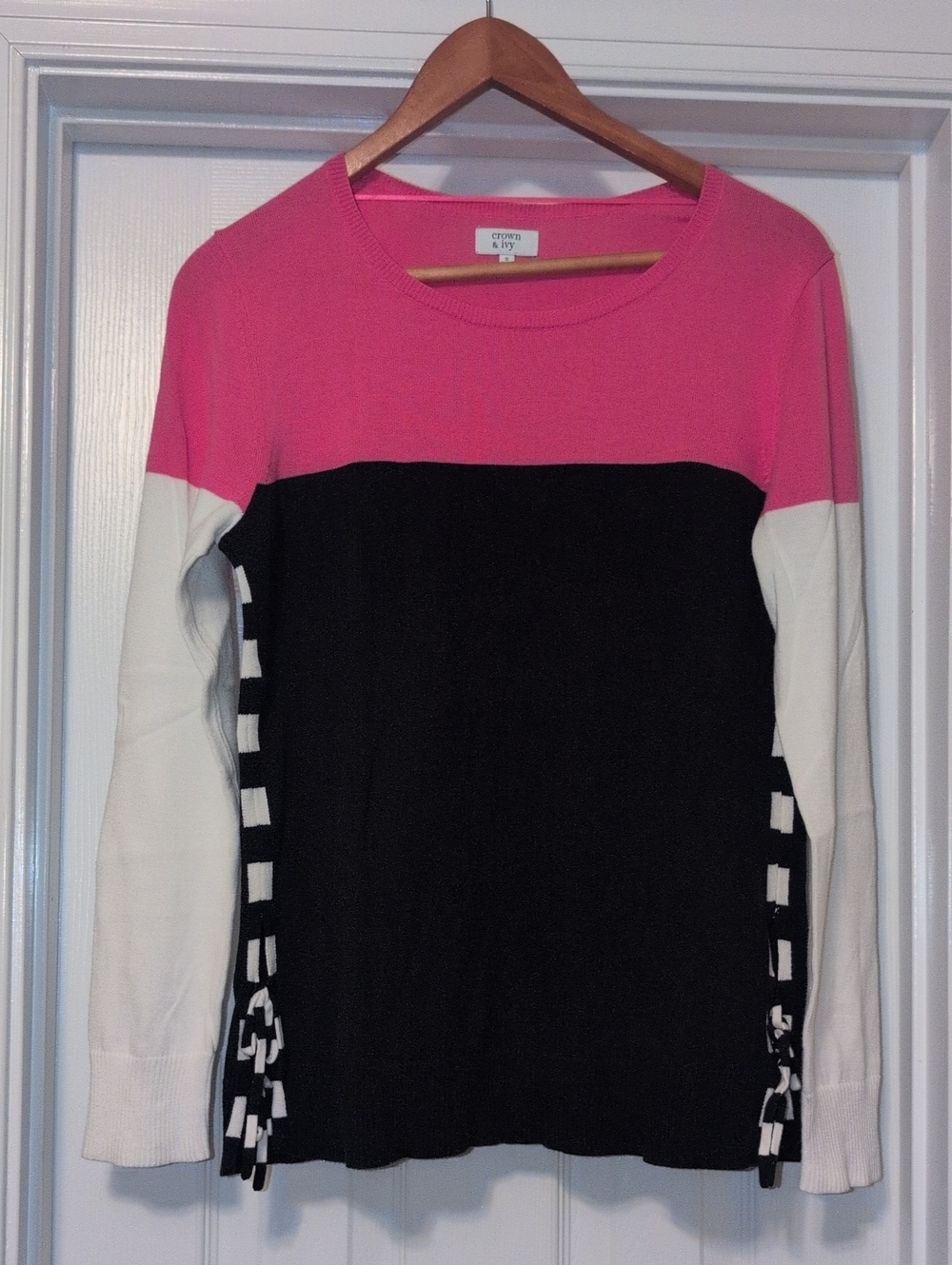 crown & ivy Pink, Navy & White Colorblock Crew Sweater with Side Ties